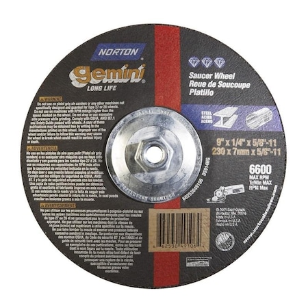 Norton Co Grinding Wheel, Depressed Center, Type 28 Saucer - Aluminum Oxide, 9 x 1/4 x 5/8-11, Max RPM: 6600 662530-49106
